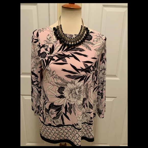 Kasper Tops - Pink Floral Print Blouse 3/4 Length Sleeves